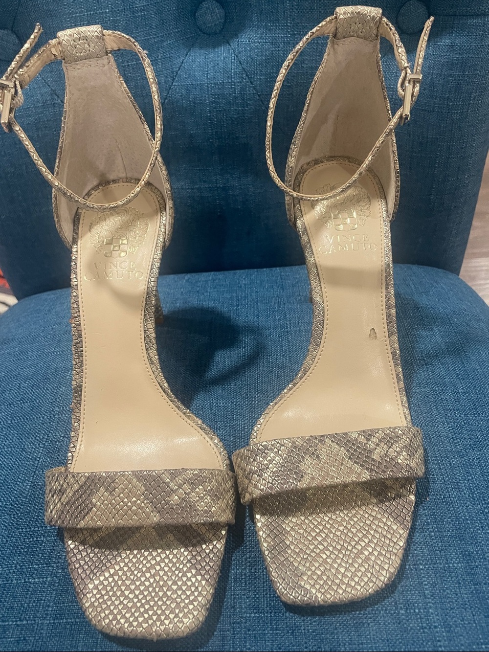 Vince Camuto Metallic Gold Snake-Embossed Ankle-Strap Heels